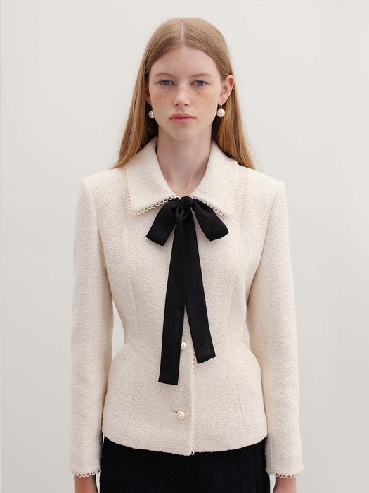 ALYSSA Stand collar scallop-trimmed tweed jacket (Ivory/Black)