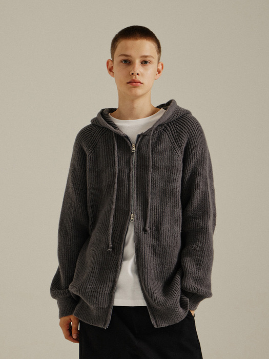 Wool Bulky Hood Zip-up Knit Grey