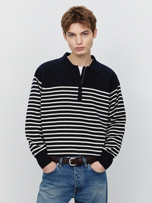 UNISEX STRIPED HALF ZIP-UP SWEATER FRENCH NAVY_M_UDSW5A103N2