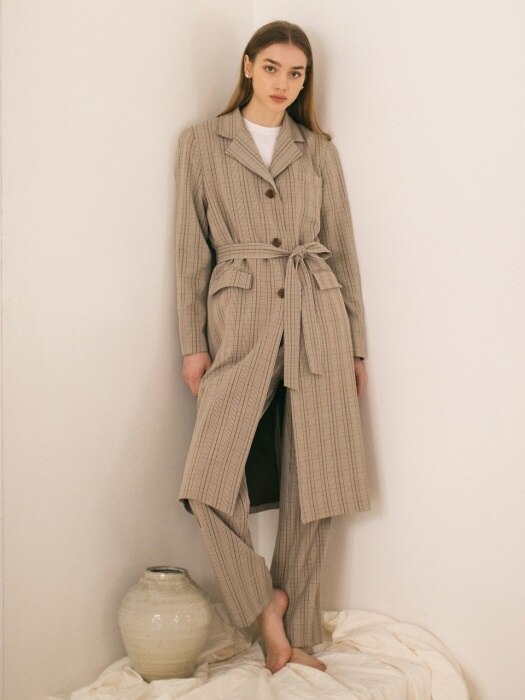 Checked Tailored Coat - Beige