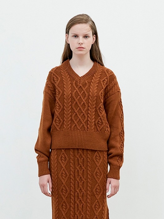 V Neck Twisted Knit [Brown]