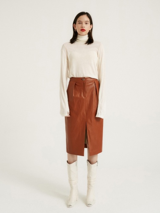 Butter leather crease skirt_Nut brown