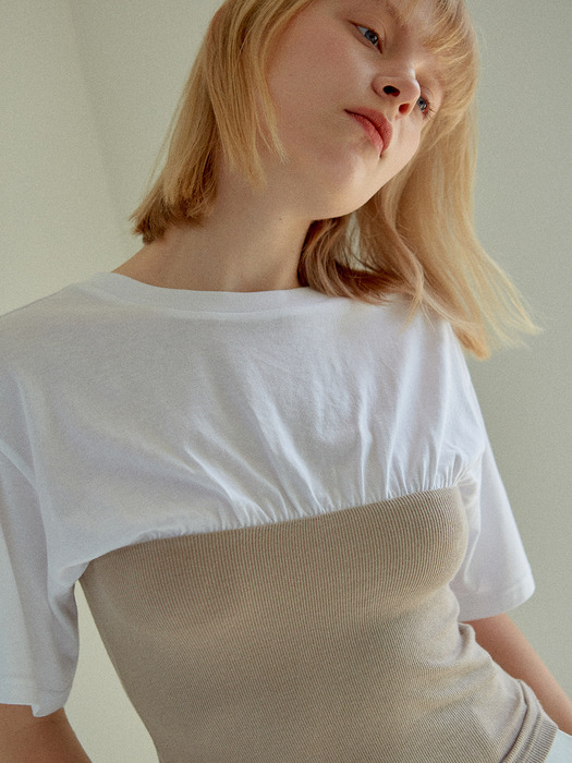 Layered Shirring T-shirt White & Beige