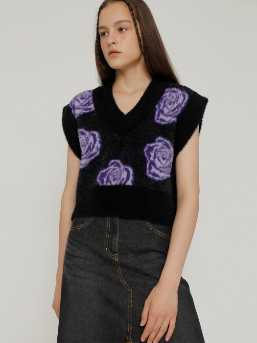 R FLOWER JACQUARD KNIT VEST_BLACK