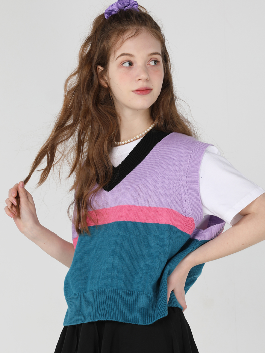 Striped crop knit vest [Lilac]