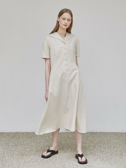 Linen Shirring Button Dress - Beige
