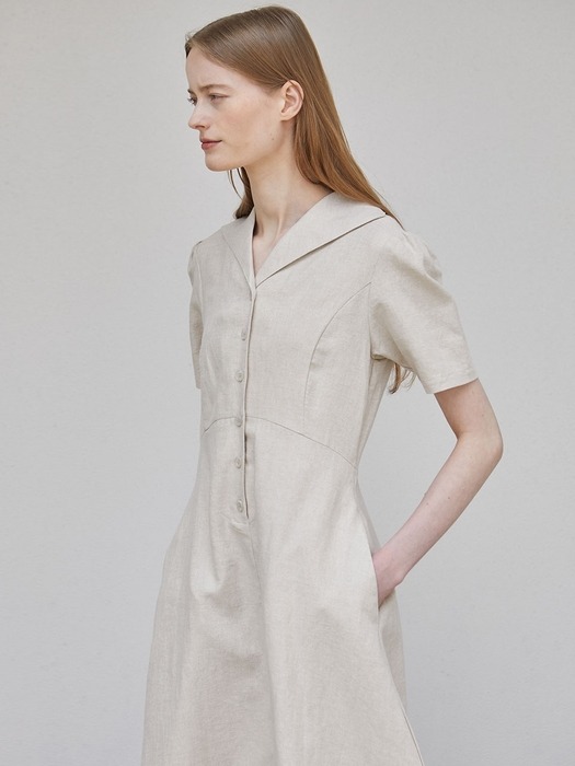 Linen Shirring Button Dress - Beige