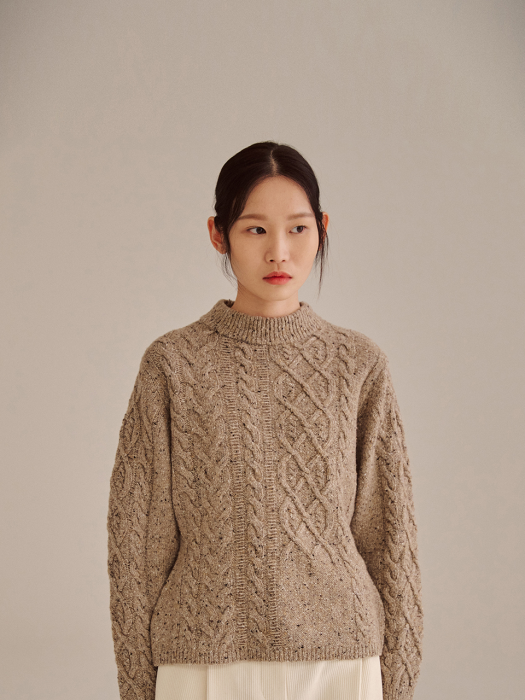 BEIGE WOOL BLEND CABLE KNIT TOP