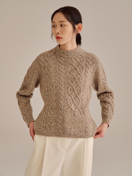 BEIGE WOOL BLEND CABLE KNIT TOP