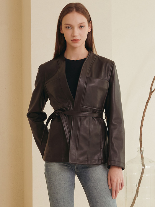 COLLALESS FAUX LEATHER JACKET [BLACK][BEIGE][BROWN]
