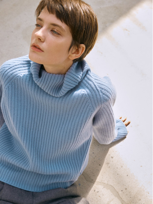 Ribbed turtle neck knit (blue)