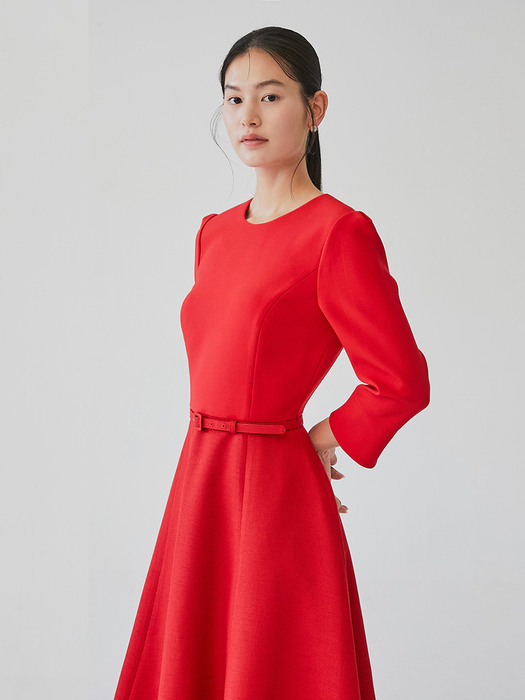 DAHLIA Round neck ribbon detailed voluminous dress (Red)