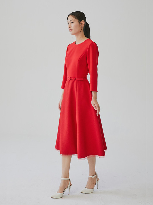 [미전시]DAHLIA Round neck ribbon detailed voluminous dress (Red)