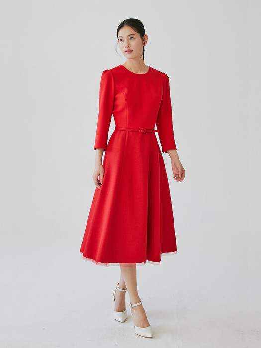 [미전시]DAHLIA Round neck ribbon detailed voluminous dress (Red)