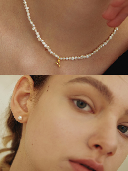 [2 SET] petit gold initial pearl necklace + love is pearl earring