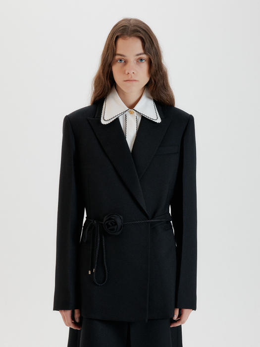 TENNY Oversized Double Breasted Jacket with corsage belt - Black