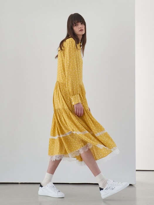 LACE TIERED PRINTING SHIRRING DRESS_YELLOW DOT