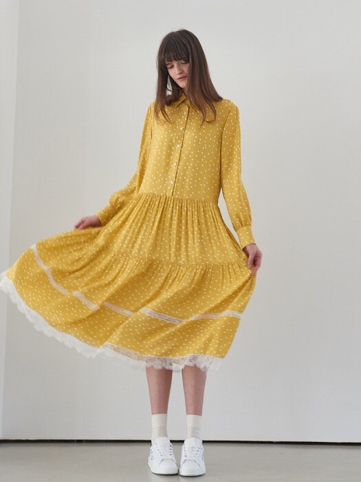 LACE TIERED PRINTING SHIRRING DRESS_YELLOW DOT