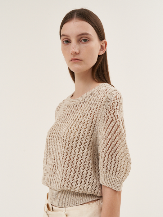 r e Linen Net Knit Top_BEIGE