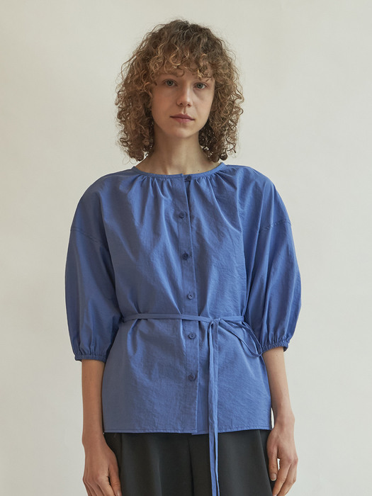 Cotton shirring blouse (Blue)