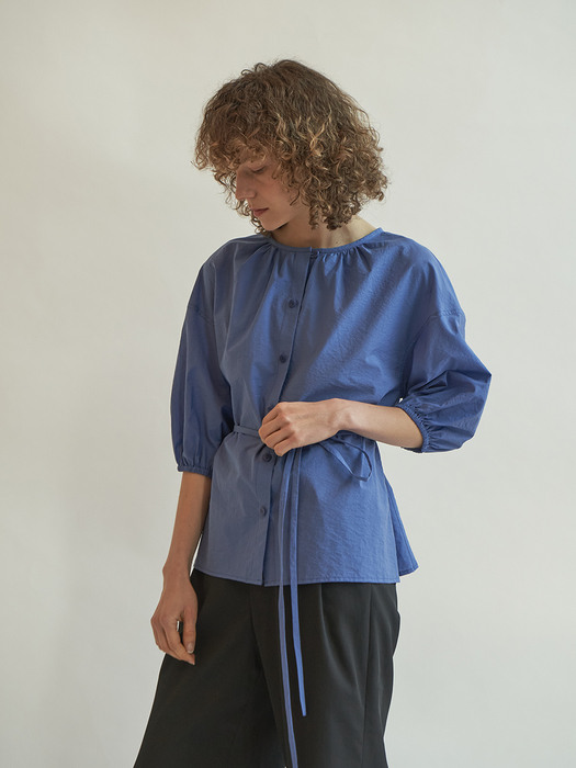 Cotton shirring blouse (Blue)