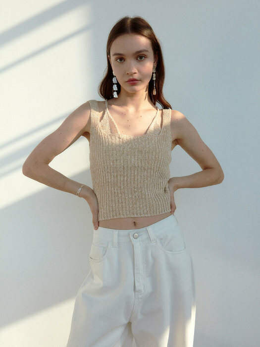 LAYERED RIBBON SLEEVELESS KNIT TOP [LIGHT BEIGE] 