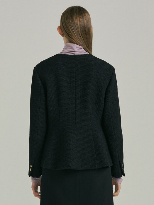 V-Neck Tweed Single Jacket_BLACK