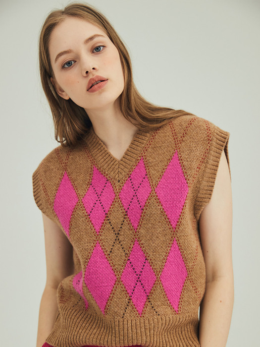 ARGYLE KNIT VEST_PINK