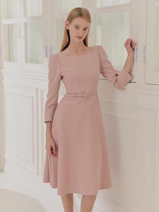 JULIA Scoop neck three-quarter sleeve flared dress (Light indie pink/Black)