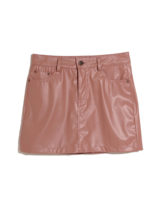 STAR RIVET VEGAN LEATHER SKIRT_CORAL