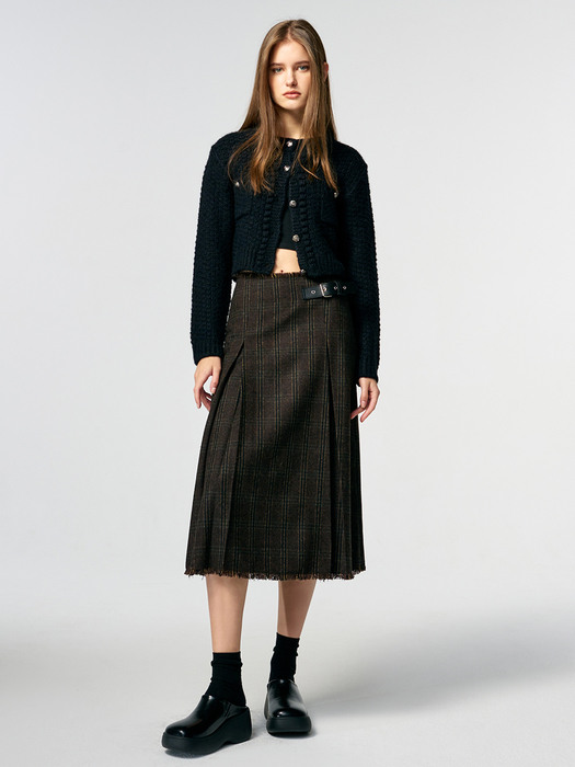 Buckle Pleated Fringe Skirt, Brown