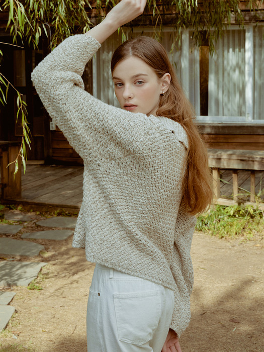 Curved collar mix knit (beige)