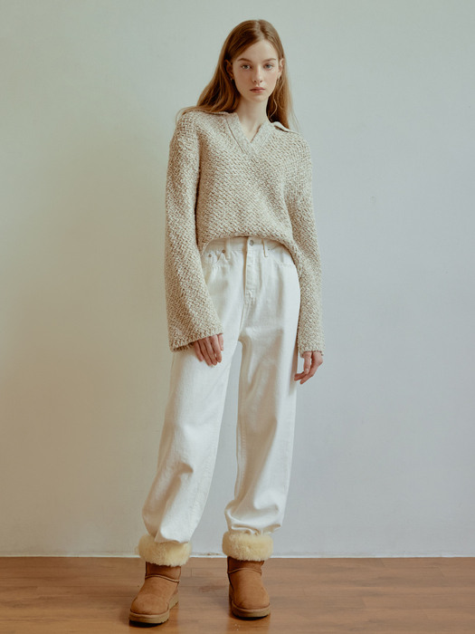 Curved collar mix knit (beige)