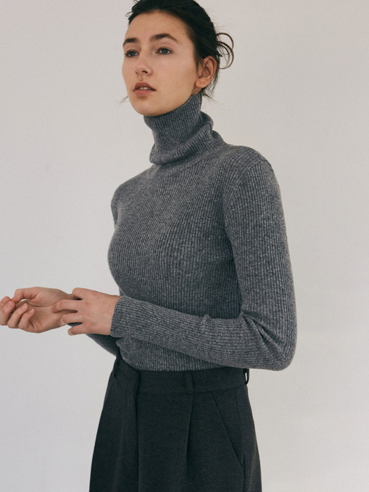 SLIM RIBBED TURTLENECK KNIT_CHARCOAL