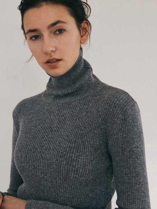 SLIM RIBBED TURTLENECK KNIT_CHARCOAL