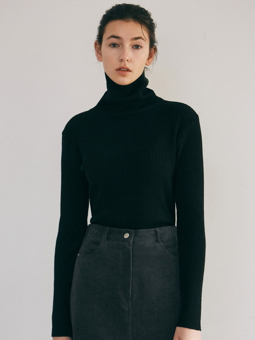 SLIM RIBBED TURTLENECK KNIT_CHARCOAL