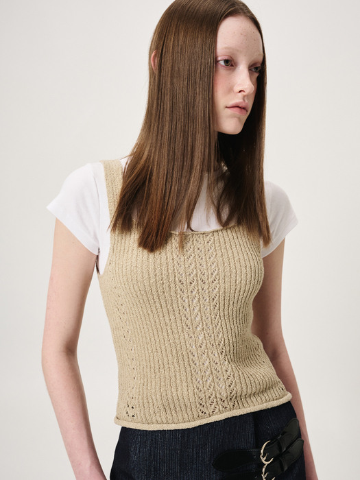 Ribbed Sleeveless Knit Top, Oatmeal Beige