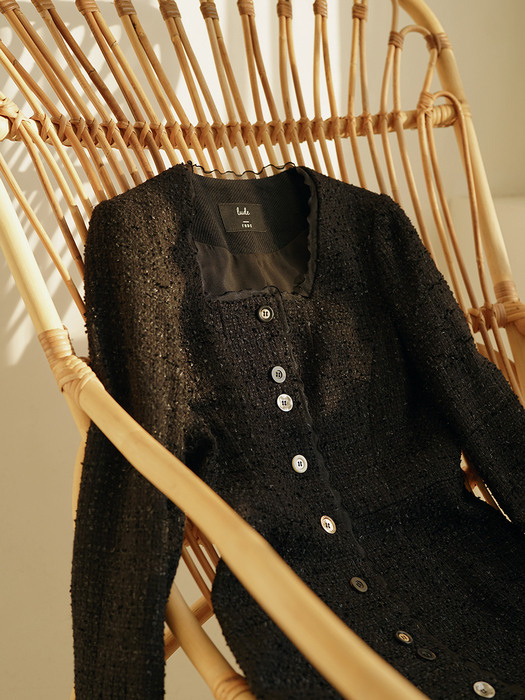 Wool Tweed Squared Neck Long Dress_Black Check