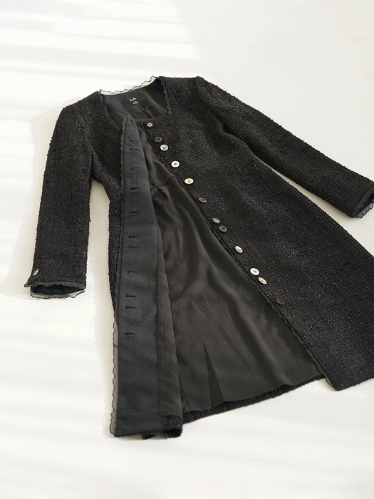Wool Tweed Squared Neck Long Dress_Black Check