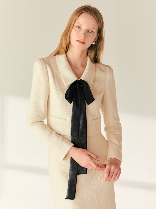 [SET]CIARA Classic collar detail tweed cropped jacket + CYNDI Mermaid tweed midi skirt (Ivory/Black)