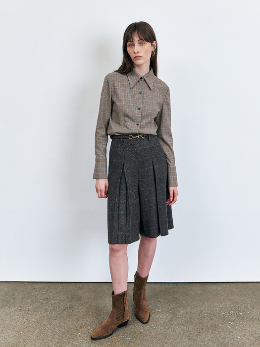Checkered Fitted Blouse, Brown check