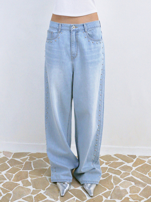 SUMMER STUDDED WASHED JEANS, SKY BLUE