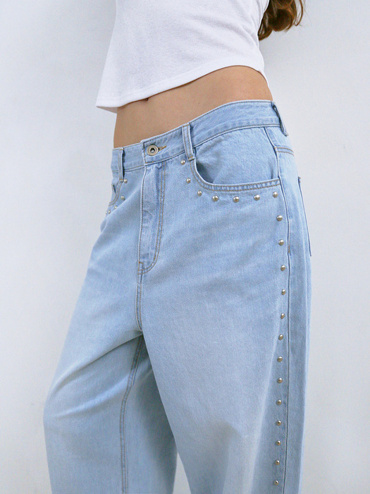 SUMMER STUDDED WASHED JEANS, SKY BLUE