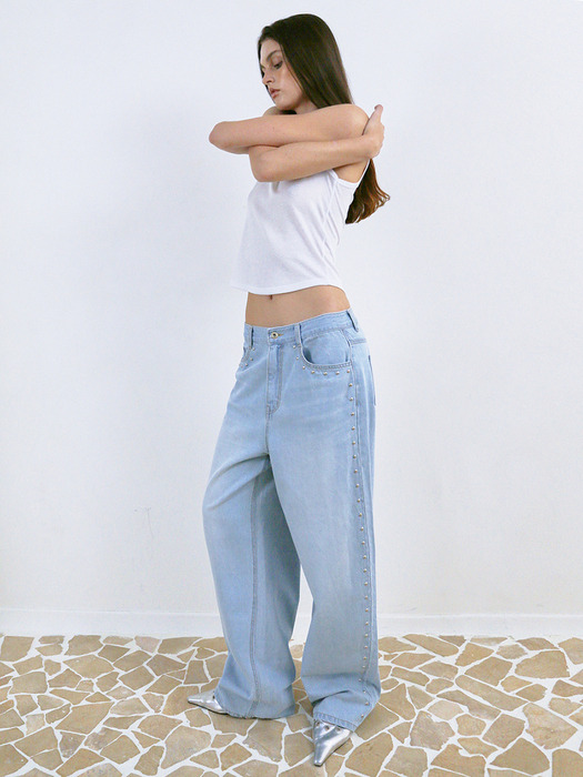 SUMMER STUDDED WASHED JEANS, SKY BLUE