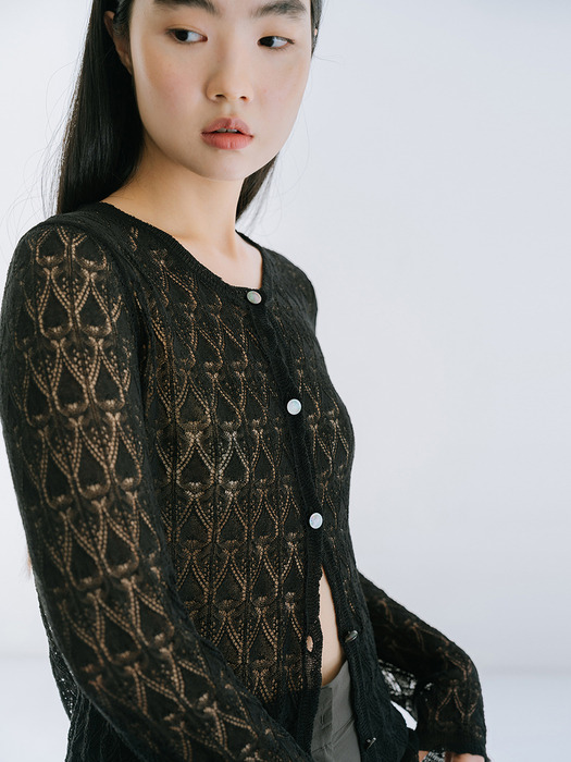 VISCOSE BLENDED LACE CARDIGAN_BLACK