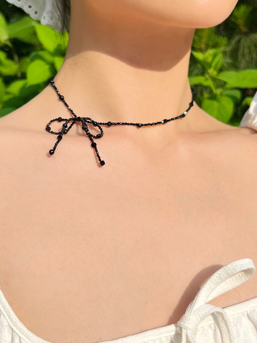 ribbon beads necklace (BLACK)