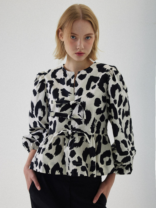 Julie Puff Long Sleeve Blouse - Leopard White