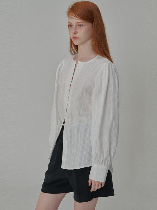 Puff Sleeve Tie Cotton Blouse_White