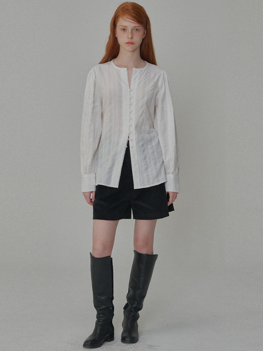 Puff Sleeve Tie Cotton Blouse_White