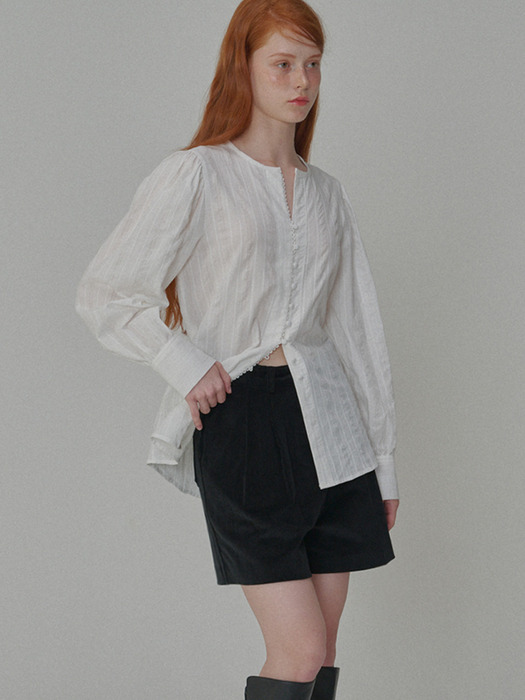 Puff Sleeve Tie Cotton Blouse_White